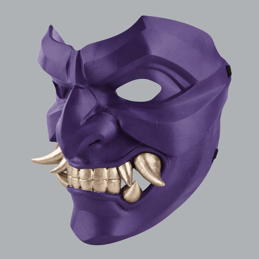 Kabuto Mask With Fangs in Royal Purple / Champagner, three-quarter view facing left with sculpted cheek and teeth