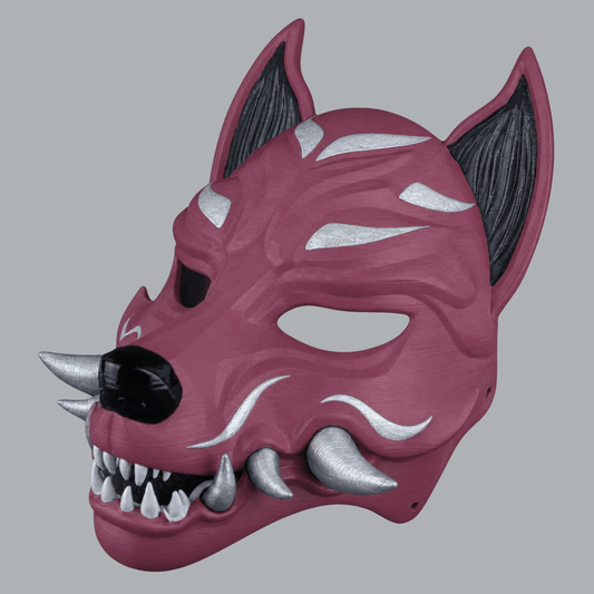 Kitsune fox mask with fangs in Plum / Silver, left-facing three-quarter view
