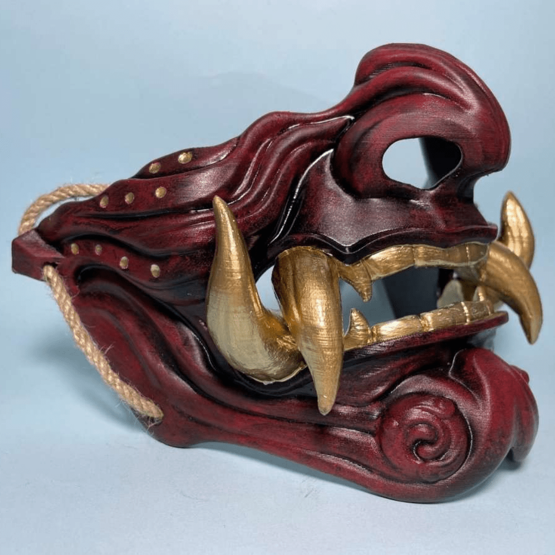 Samurai Oni Mask Red  Space Armory Red/Gold Teeth S Adjustable Elastic Buckle