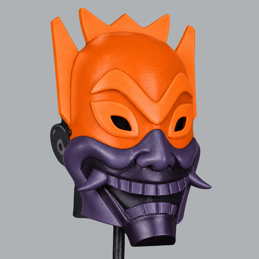 Pure Orange / Black Purple Spirit Oni Mask — three-quarter view facing right