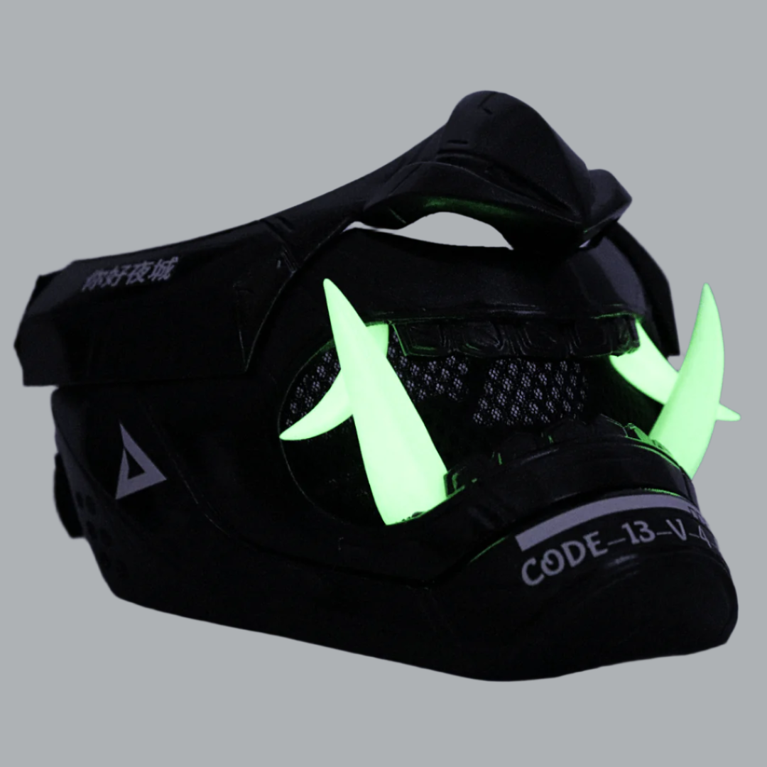 Space Armory Cyberpunk Oni Mask Metallic Black Glow Fangs Masks