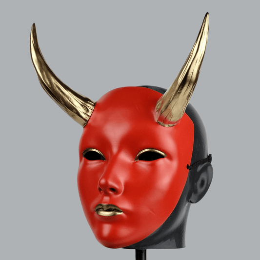 Space Armory Geisha Japanese Mask With Horn - Red/Gold Masks