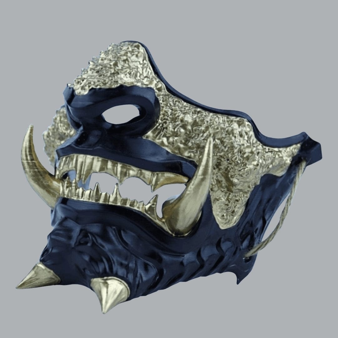 Space Armory Japanese Oni Mask - Glossy Black Gold Fangs / S / Adjustable Elastic Buckle Masks