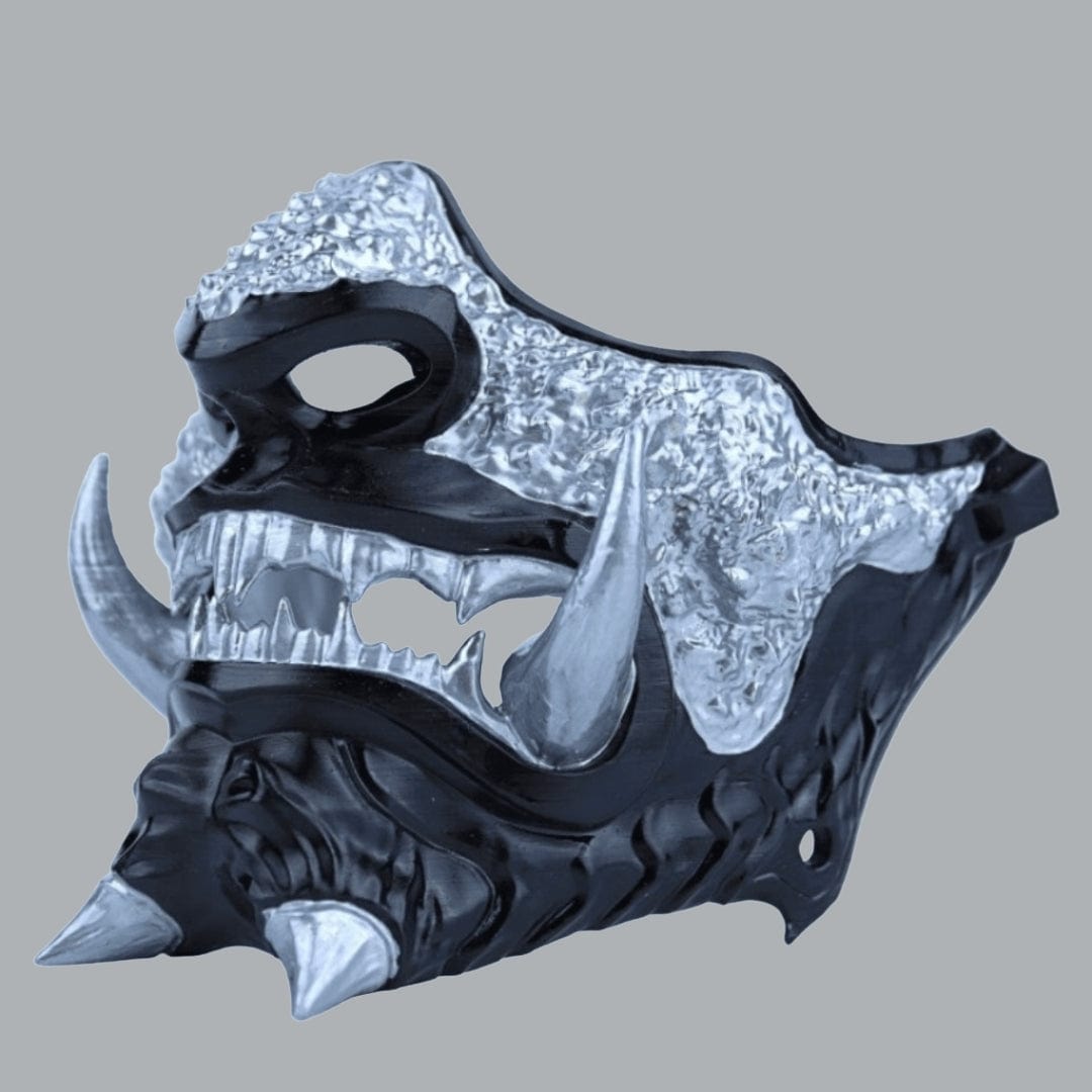 Space Armory Japanese Oni Mask - Glossy Black Silver Fangs / S / Adjustable Elastic Buckle Masks