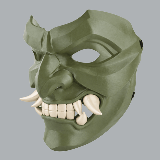 Space Armory Kabuto Mask With Fangs - Reseda / Ivory Masks