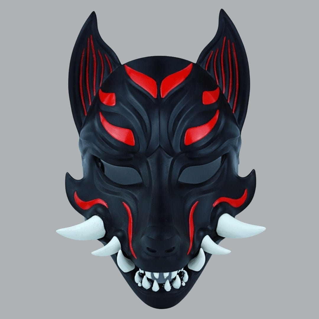 Space Armory Kitsune Fox Mask With Fangs - Matte Black Masks