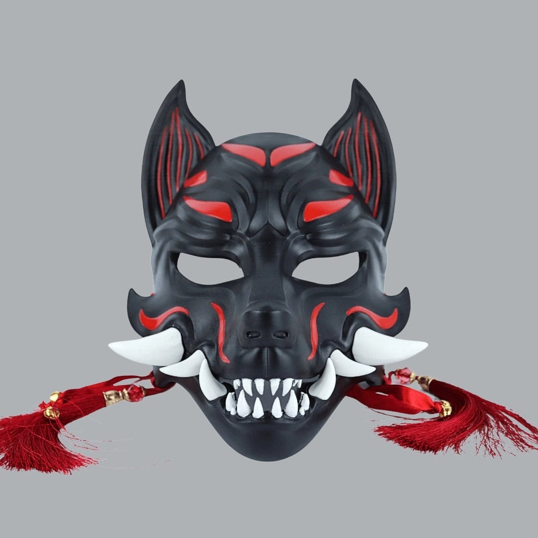 Space Armory Kitsune Fox Mask With Fangs - Matte Black Masks