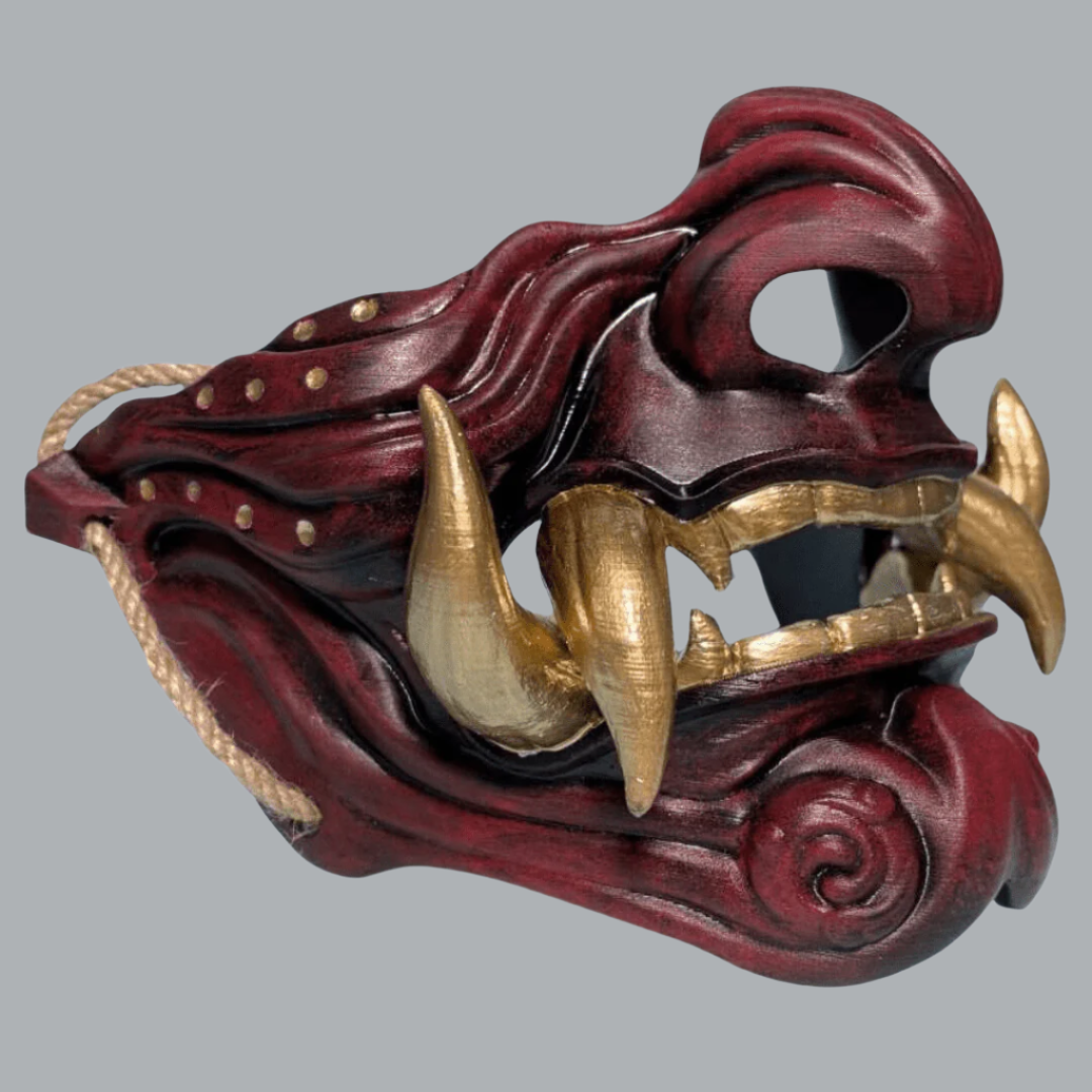 Space Armory Samurai Oni Mask Red Red/Gold Teeth / S / Adjustable Elastic Buckle