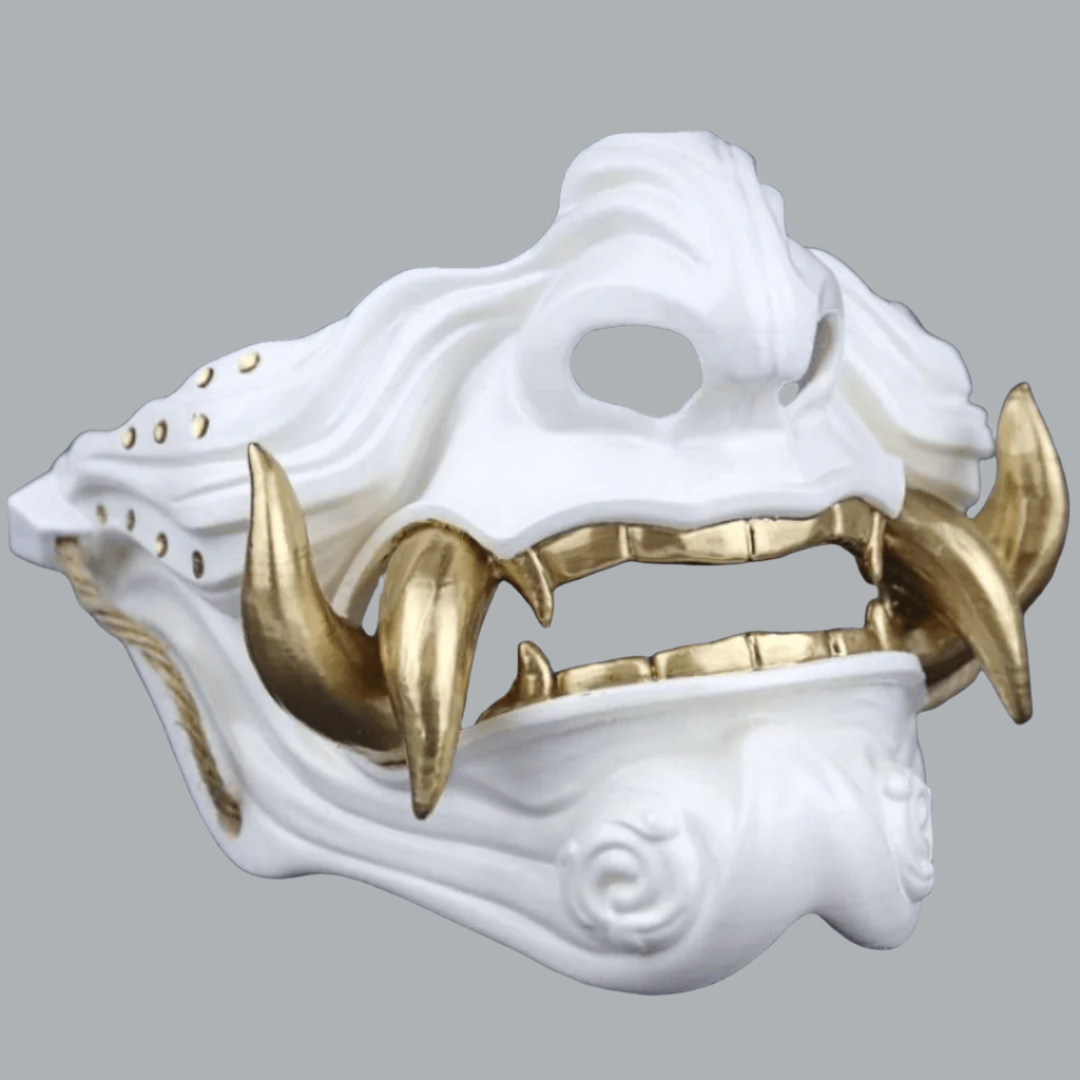 Space Armory Samurai Oni Mask White White/Gold Teeth / S / Adjustable Elastic Buckle