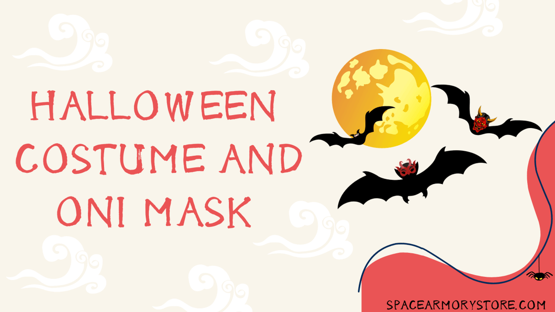 halloween costume and oni mask