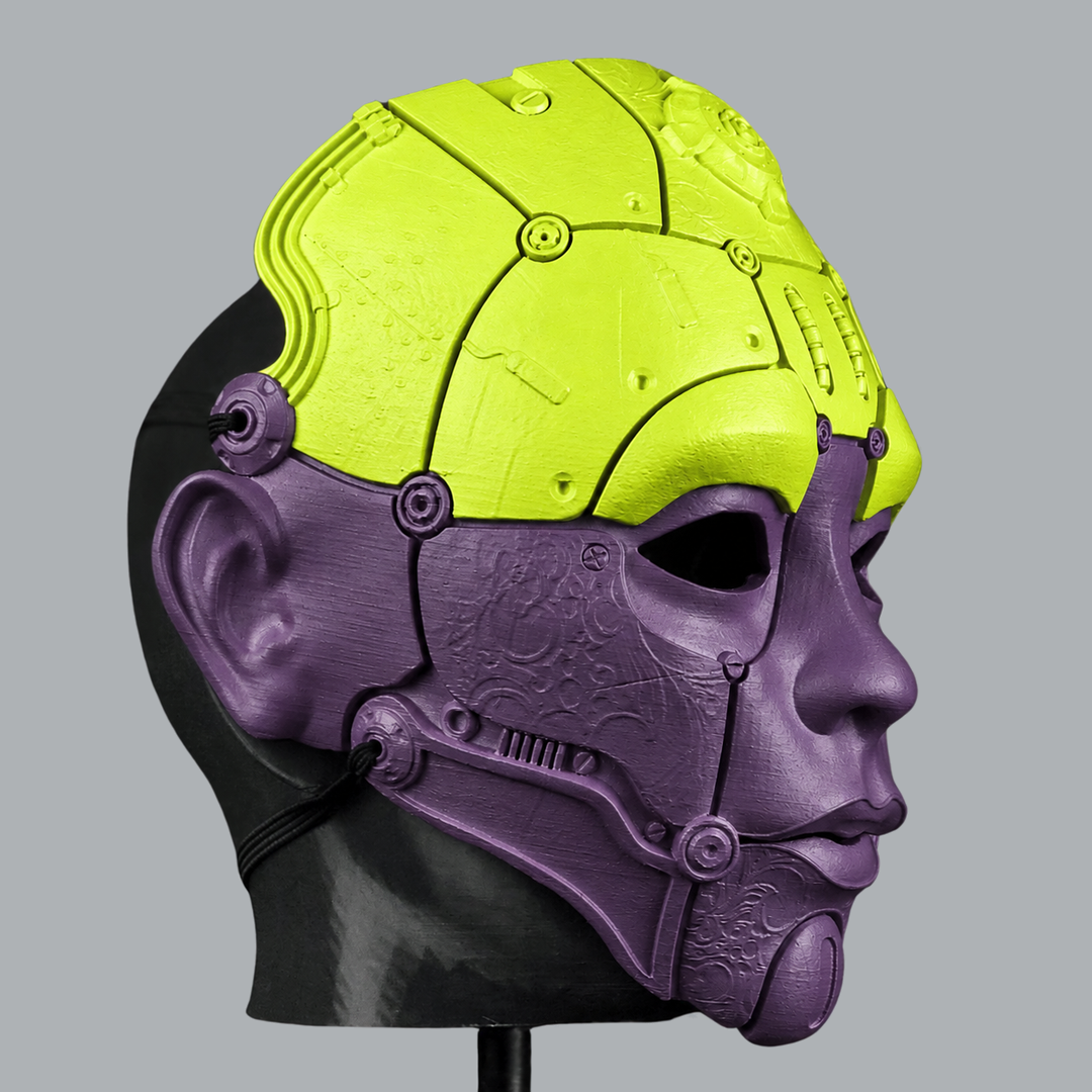 Cyborg Humanoid Robot Mask - Poison / Black Purple - opposite side view with adjustable straps