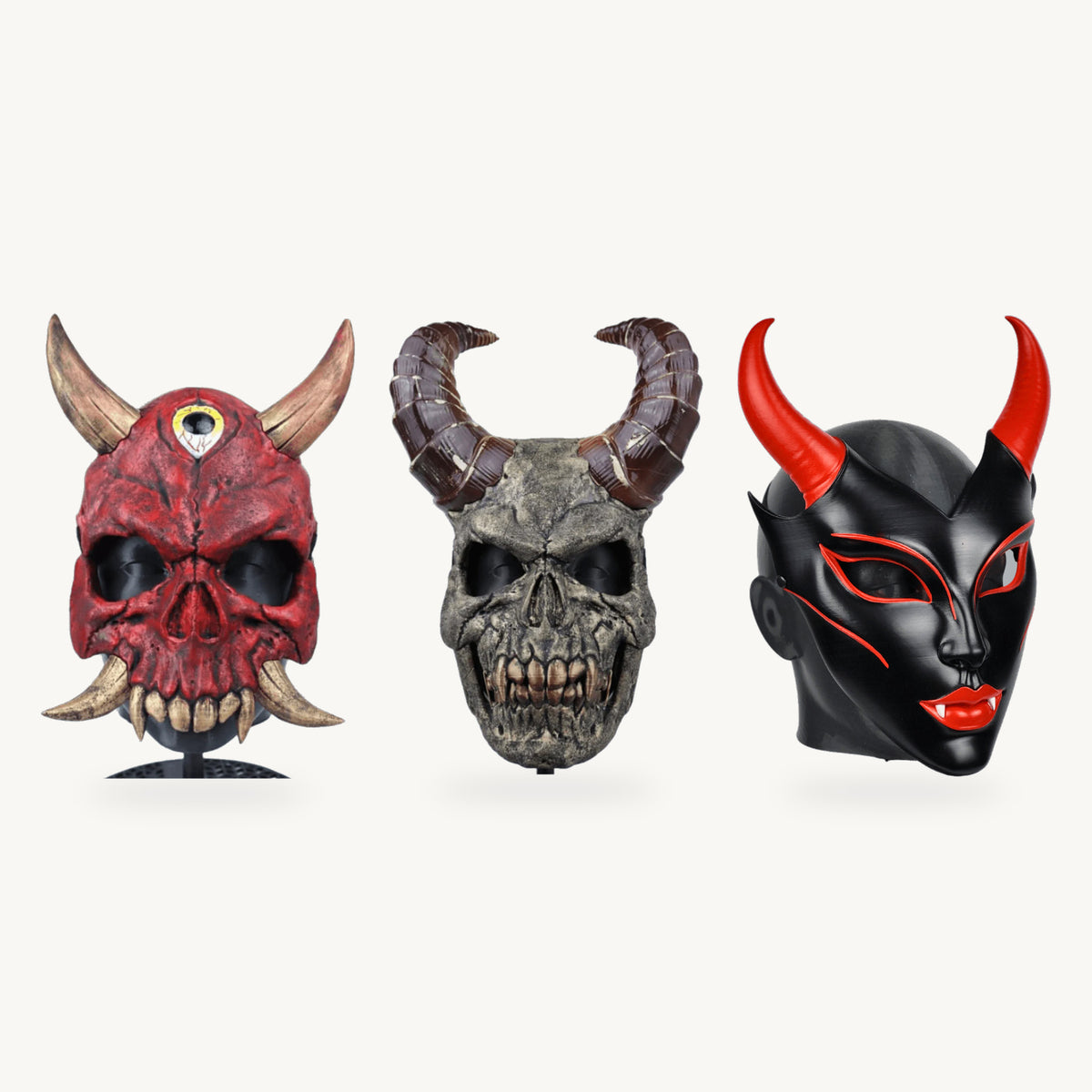 Dark Creatures Trio — Hannya Skull Oni Mask and Demon Skull Mask With Horn and Horned Vampire Halloween Mask – Black/Red