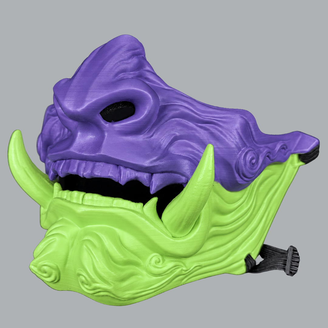 Demon Oni Mask in Royal Purple / Green Apple - angled view 3