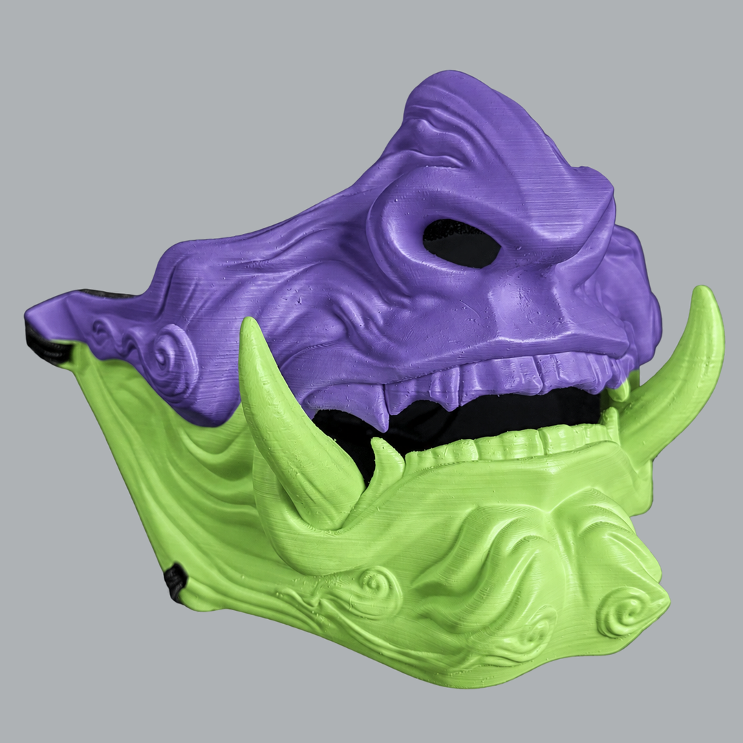 Demon Oni Mask in Royal Purple / Green Apple - angled view 4