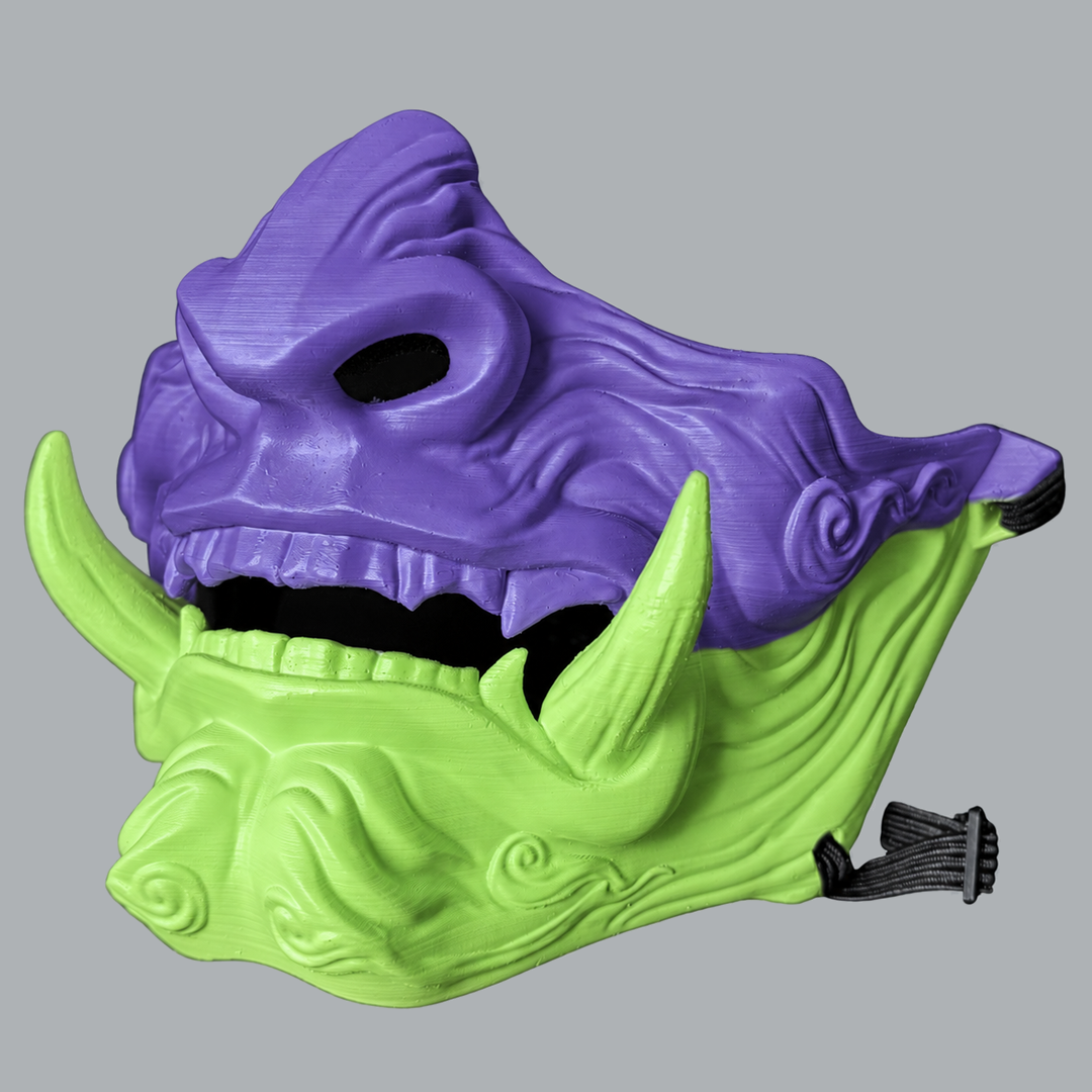 Demon Oni Mask in Royal Purple / Green Apple - angled view 6