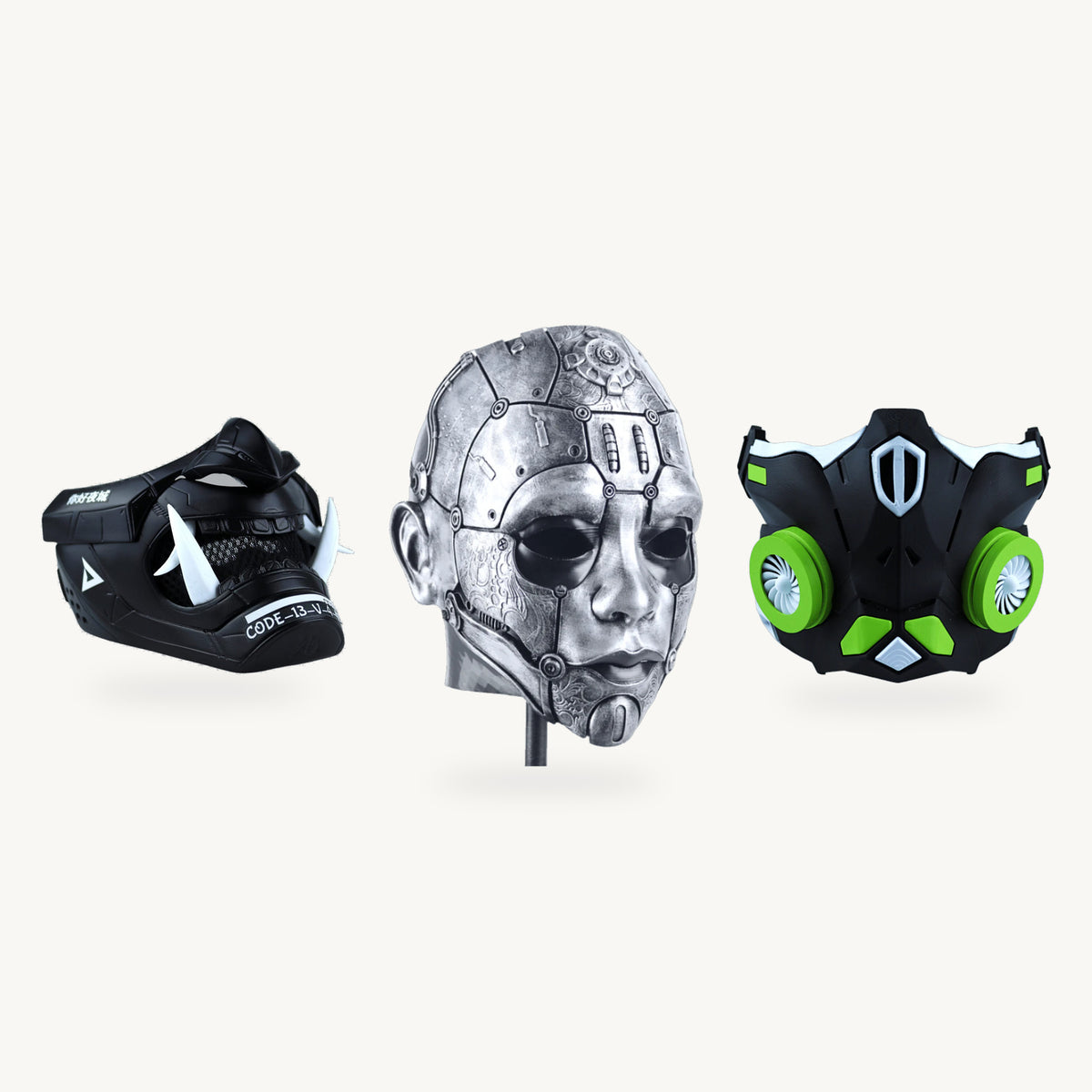 Future Warriors Trio — Cyberpunk Oni Mask - Matte Black and Cyborg Humanoid Robot Mask - Silver and Cyber Ninja Cosplay Warrior Mask - Matte Black/Lime