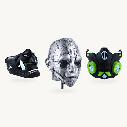 Future Warriors Trio — Cyberpunk Oni Mask - Matte Black and Cyborg Humanoid Robot Mask - Silver and Cyber Ninja Cosplay Warrior Mask - Matte Black/Lime