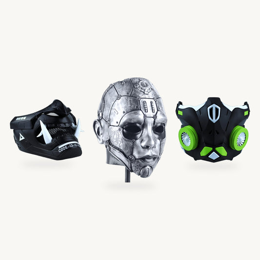 Future Warriors Trio — Cyberpunk Oni Mask - Matte Black and Cyborg Humanoid Robot Mask - Silver and Cyber Ninja Cosplay Warrior Mask - Matte Black/Lime