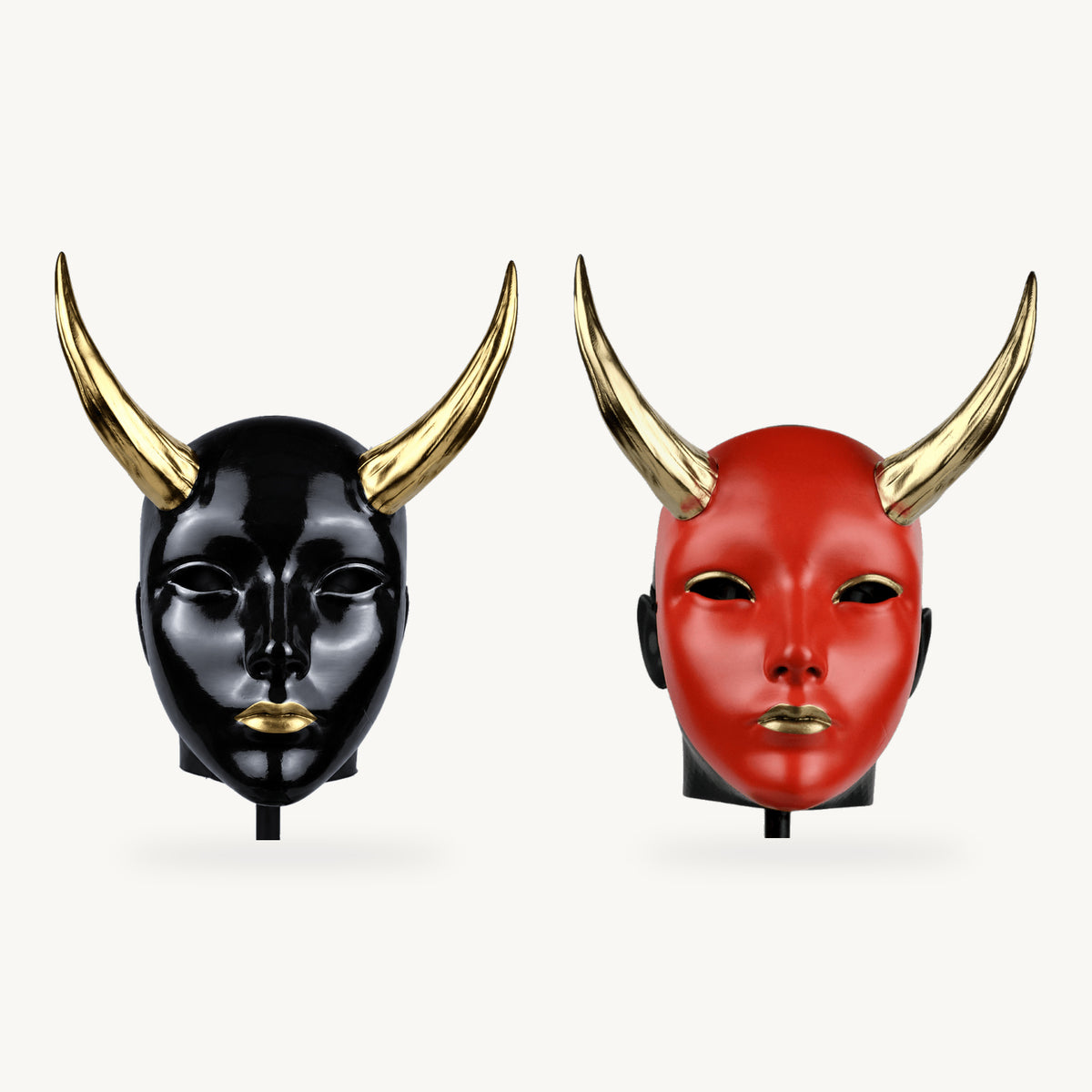 Geisha Gold Duo — Geisha Japanese Mask With Horn - Glossy Black/Gold and Geisha Japanese Mask With Horn - Red/Gold