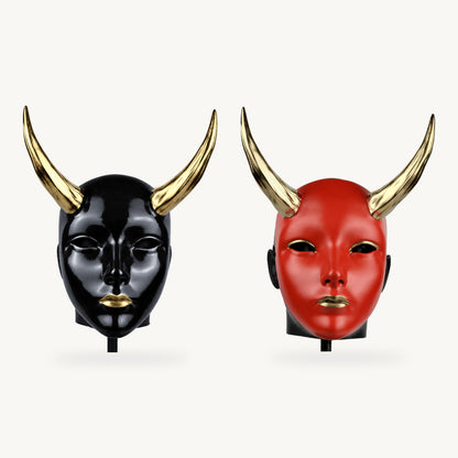 Geisha Gold Duo — Geisha Japanese Mask With Horn - Glossy Black/Gold and Geisha Japanese Mask With Horn - Red/Gold