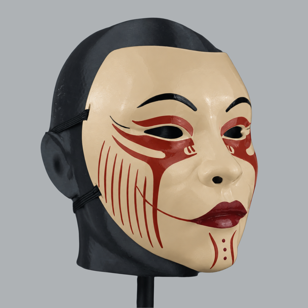 Geisha Japanese mask in Beige / Rust / Maroon — right-facing three-quarter view