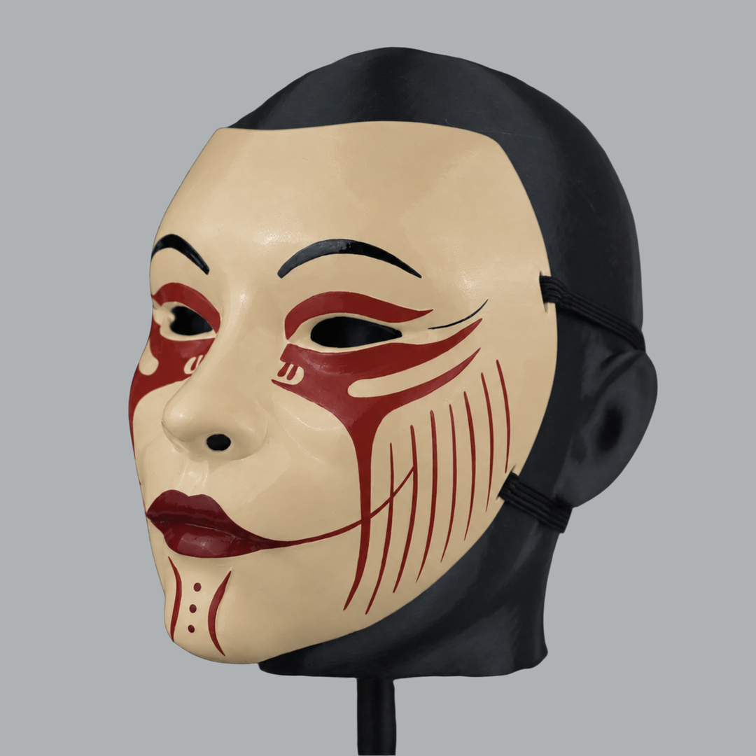 Geisha Japanese mask in Beige / Rust / Maroon — left-facing three-quarter view