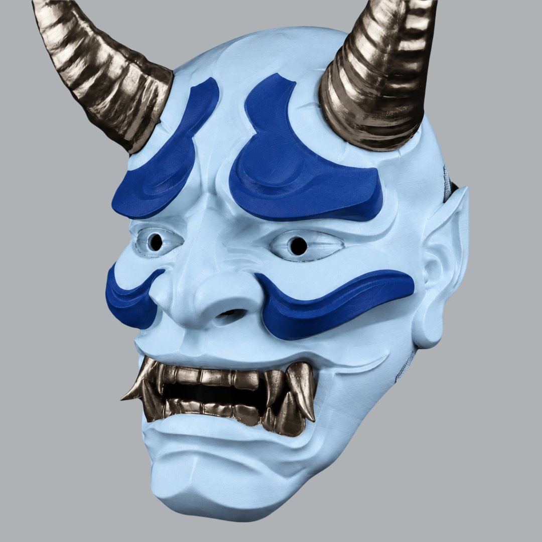 Japanese Full Face Oni Mask - Ice Blue / Ultramarine / Graphit - View 5