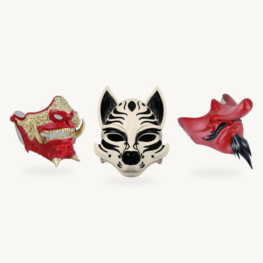 Japanese Legends Trio — Japanese Oni Mask - Red and Kitsune Fox Mask - Cream / Black and Tengu Japanese Half Face Mask