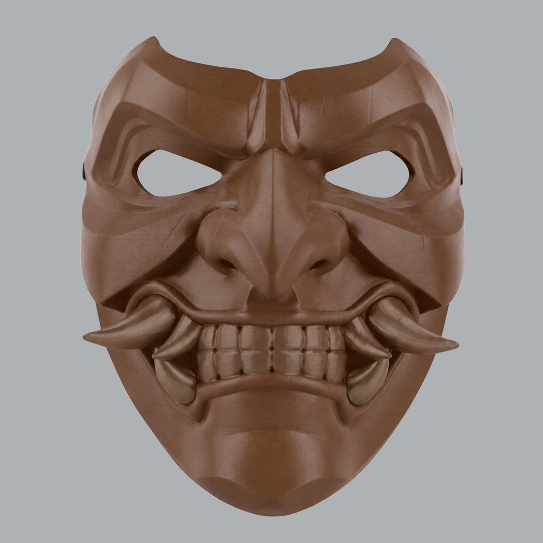 Kabuto Mask With Fangs - Palish Brown - front view with sculpted brows and fangs