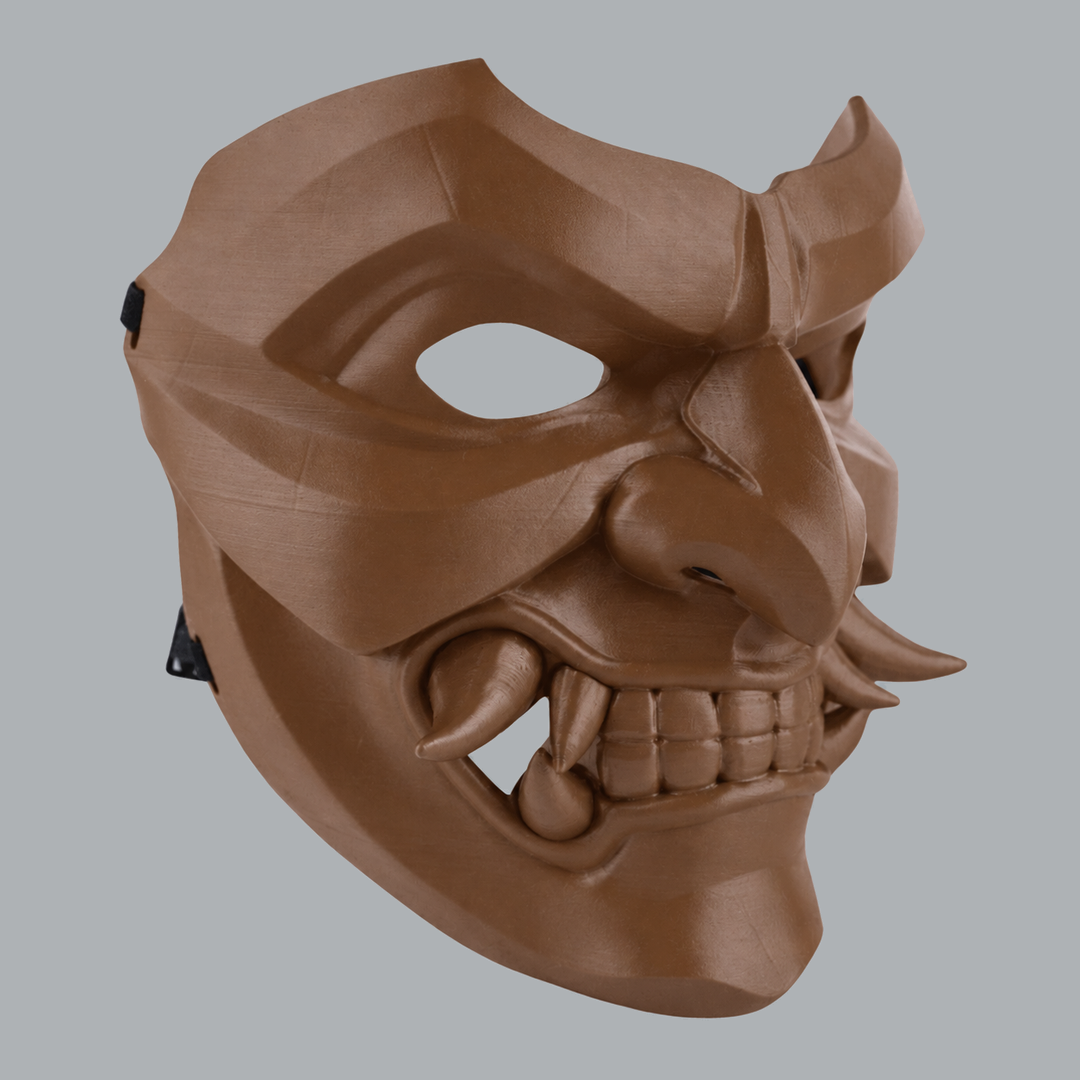 Kabuto Mask With Fangs - Palish Brown - three-quarter view facing right