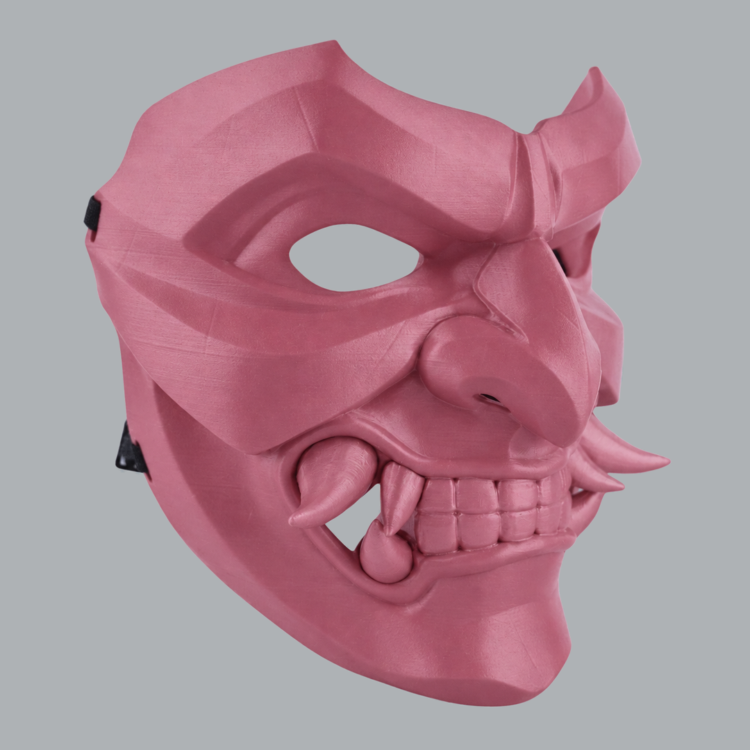 Kabuto Mask With Fangs - Dusty Pink, right-facing three-quarter view
