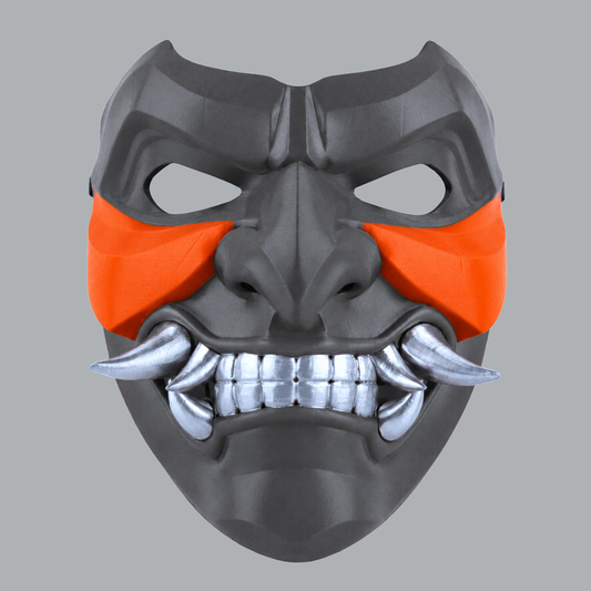 Kabuto Mask With Fangs - Mouse / Pure Orange, front view; silver teeth and fangs
