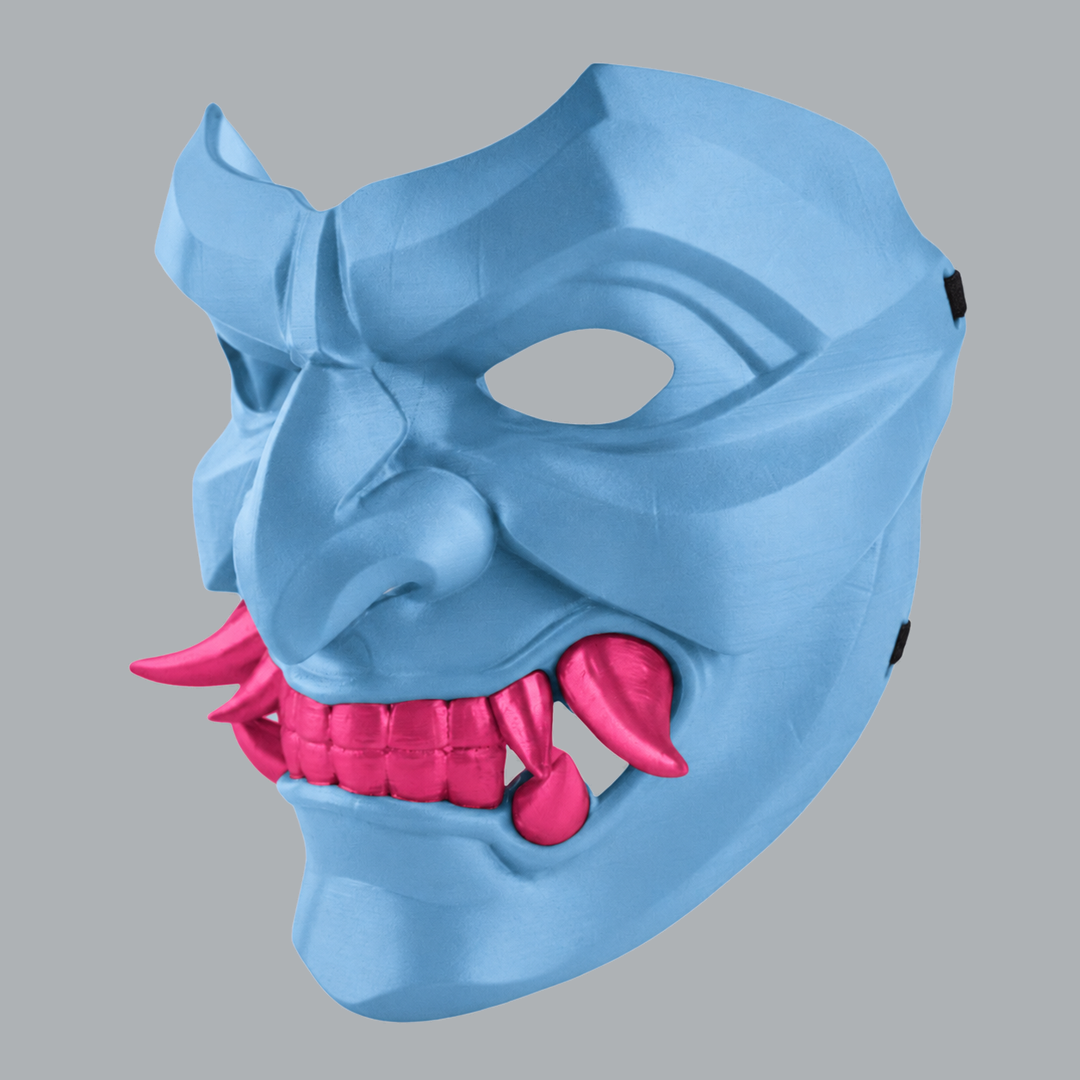 Kabuto Mask With Fangs - Polar Blue / Infra Pink, three-quarter view facing left