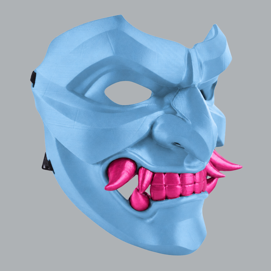 Kabuto Mask With Fangs - Polar Blue / Infra Pink, three-quarter view facing right