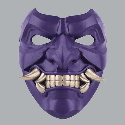 Kabuto Mask With Fangs in Royal Purple / Champagner, front view showing angular brows and curved fangs