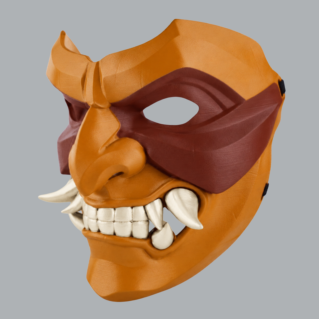 Kabuto Mask With Fangs - Topaz / Pecan Nut / Ivory - three-quarter view facing left