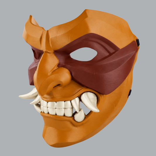 Kabuto Mask With Fangs - Topaz / Pecan Nut / Ivory - three-quarter view facing left