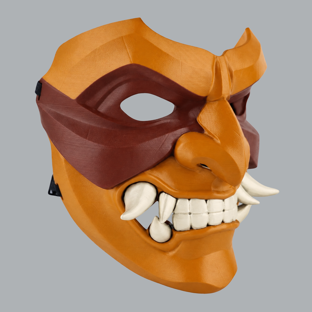 Kabuto Mask With Fangs - Topaz / Pecan Nut / Ivory - three-quarter view facing right