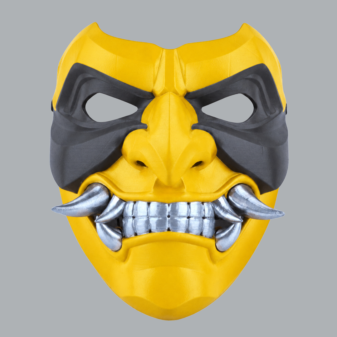 Kabuto Mask With Fangs - Yellow / Slate, front view with silver teeth
