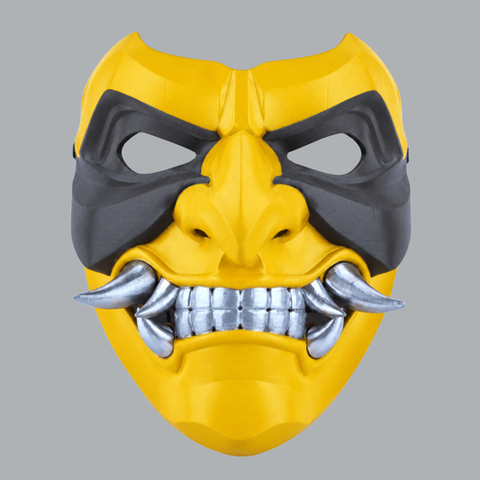 Kabuto Mask With Fangs - Yellow / Slate, front view with silver teeth