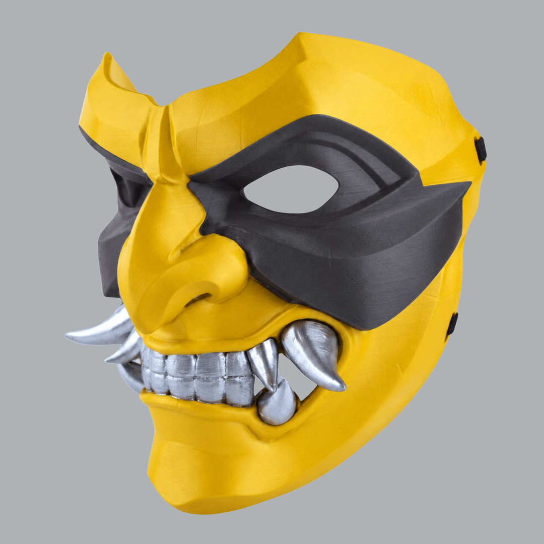 Kabuto Mask With Fangs - Yellow / Slate, three-quarter view facing left
