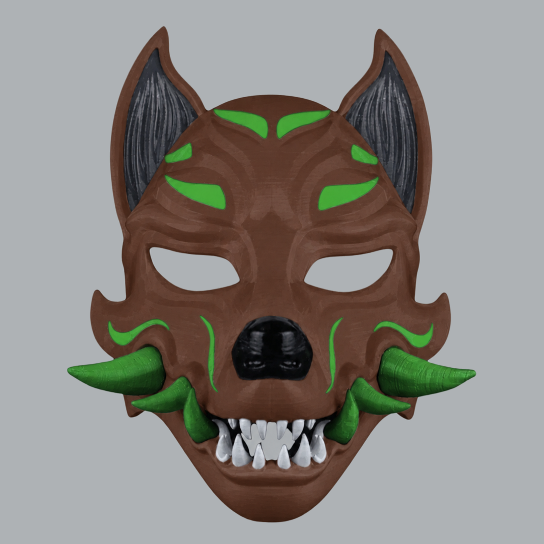 Kitsune Fox Mask With Fangs - Chocolate / Irish Green - View 1