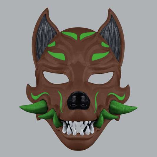 Kitsune Fox Mask With Fangs - Chocolate / Irish Green - View 1
