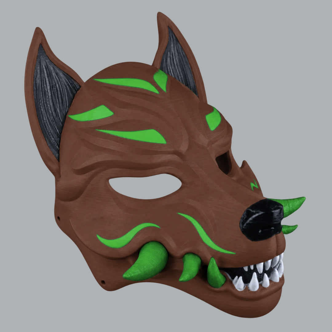Kitsune Fox Mask With Fangs - Chocolate / Irish Green - View 4