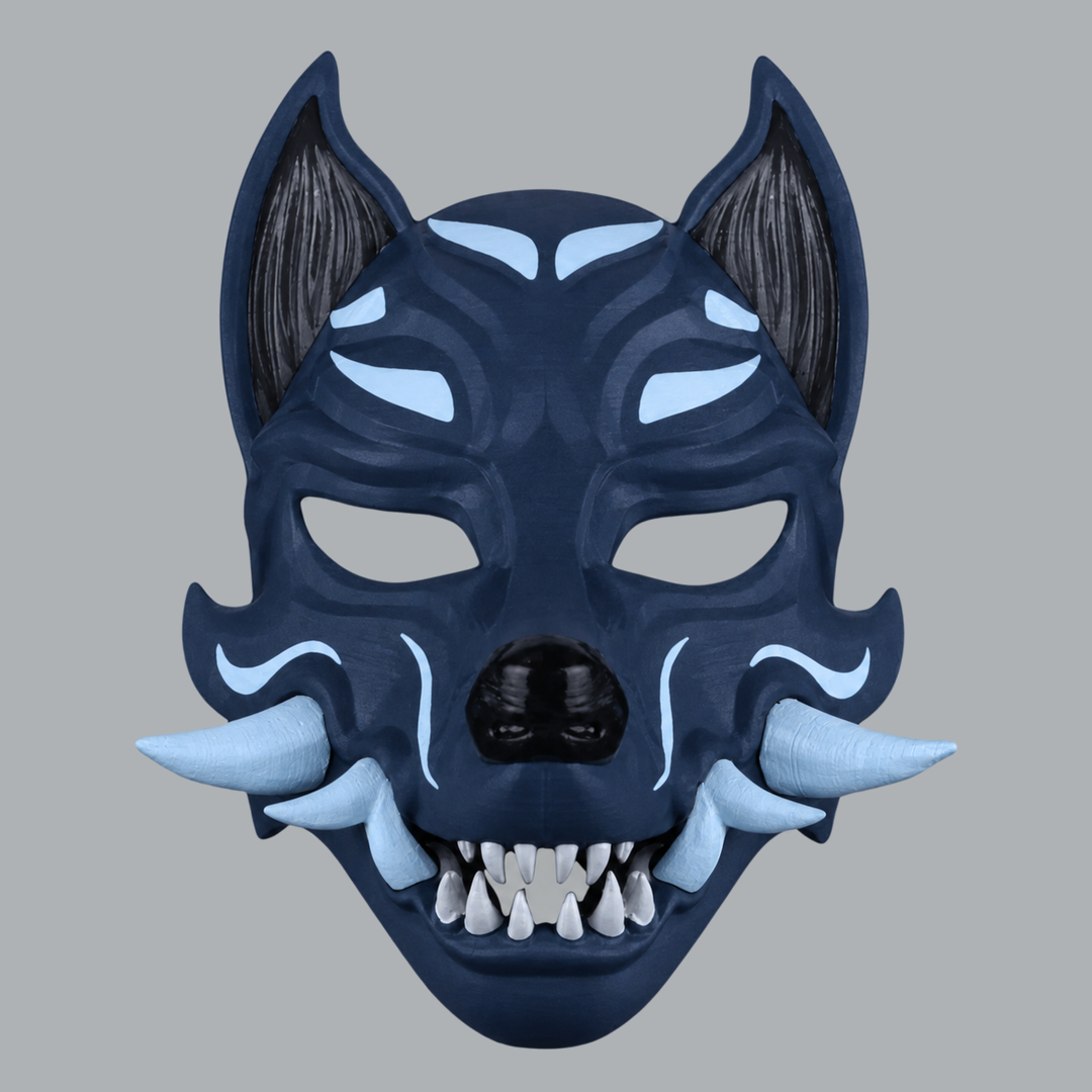 Kitsune fox mask with fangs in Dark Indigo / Ice Blue — front view