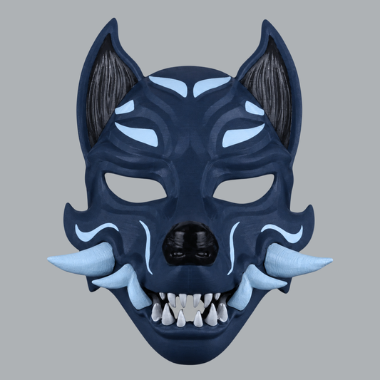 Kitsune fox mask with fangs in Dark Indigo / Ice Blue — front view