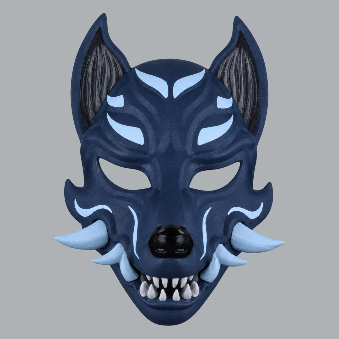 Kitsune fox mask with fangs in Dark Indigo / Ice Blue — front view from above