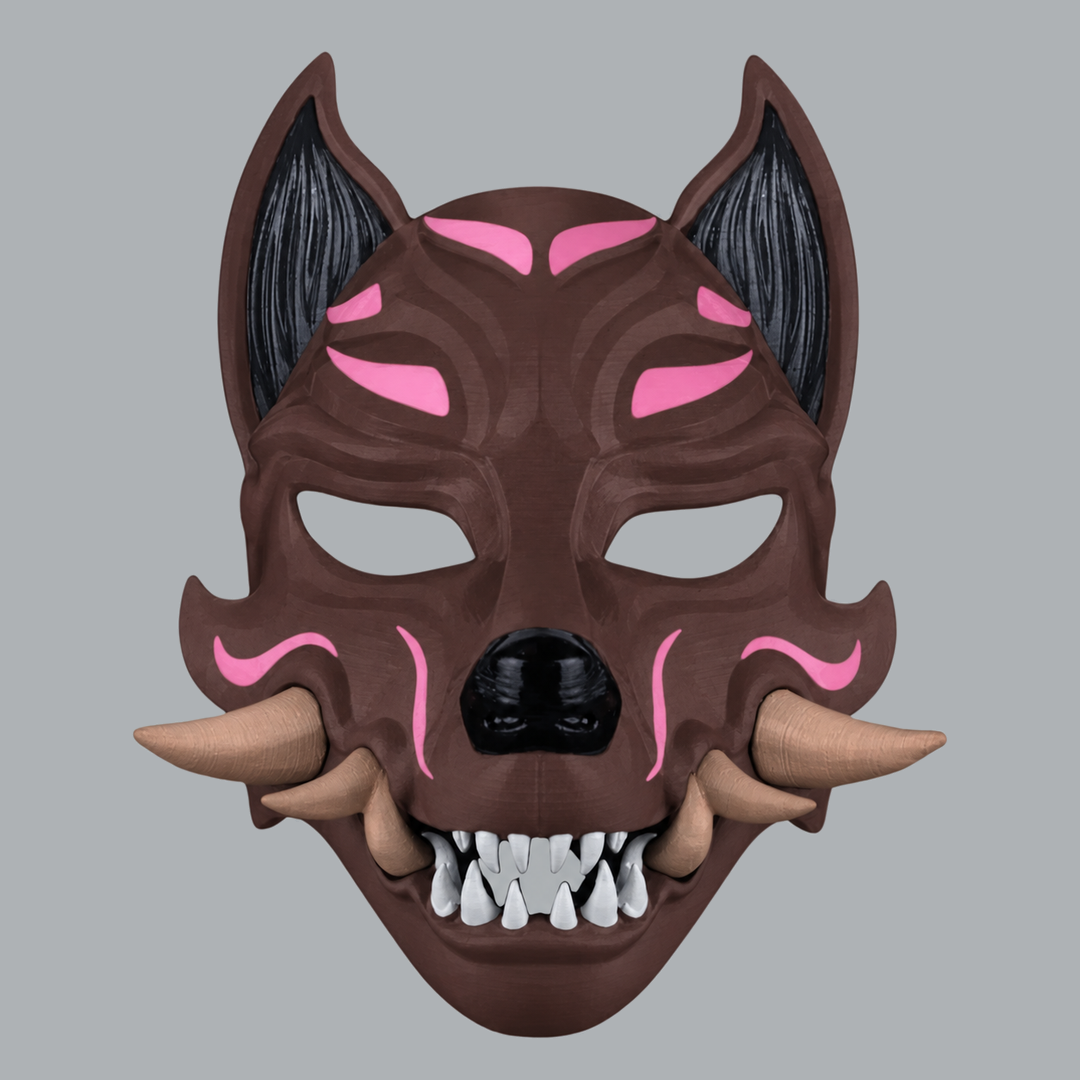 Kitsune Fox Mask With Fangs - Jawa / Iced Coffee / Pink Cadillac - front view