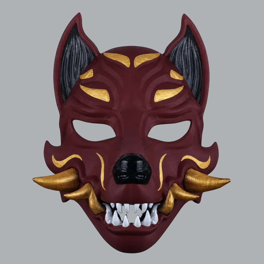 Kitsune fox mask in Merlot / Gold, front view with pointed ears and fangs