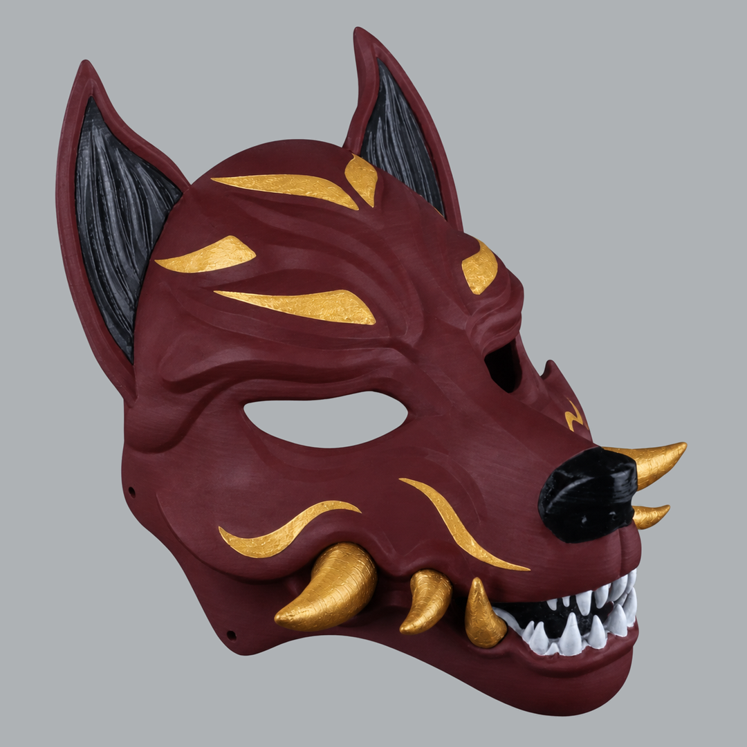 Kitsune fox mask in Merlot / Gold, three-quarter view facing right